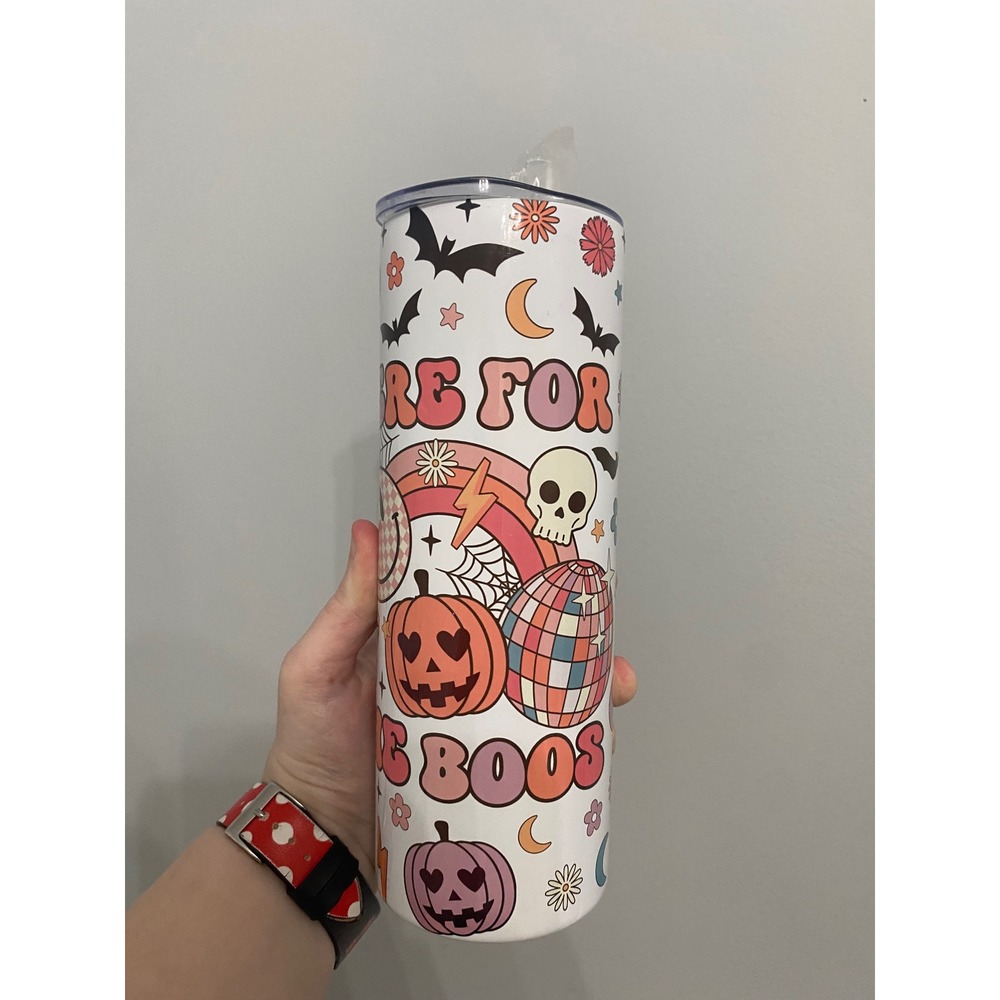 Halloween Tumbler Unisex 20oz White Here For The Boos Retro Groovy Disco Pumpkin - Picture 2 of 8